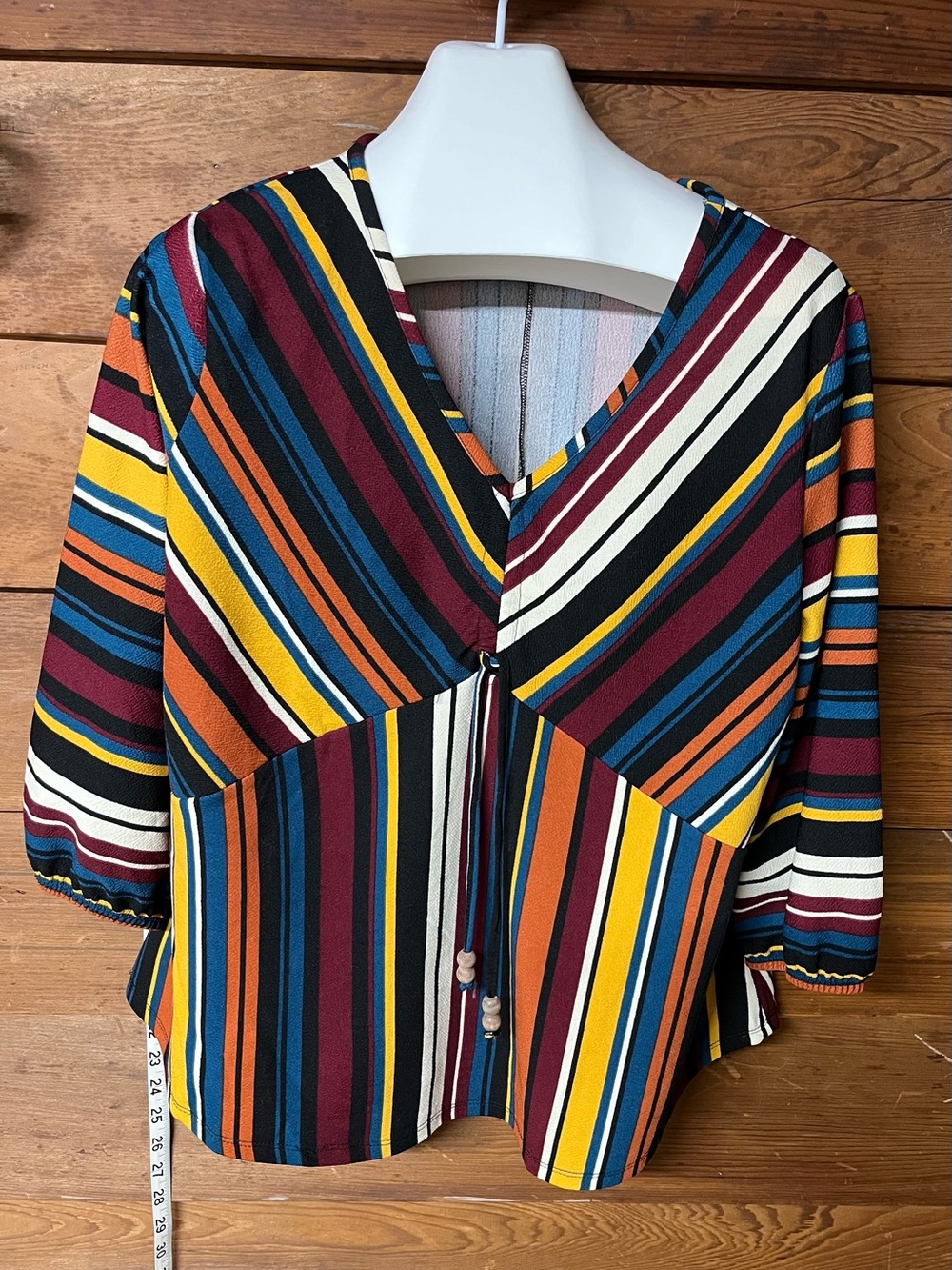 Goddess Multicolor Striped V-Neck Blouse with Front Tie